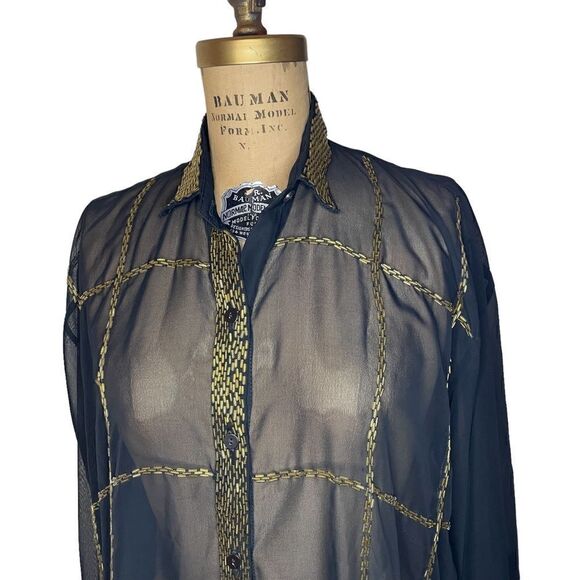 Black sheer oversize blouse with gold bead checked design size 2X - Picture 1 of 10